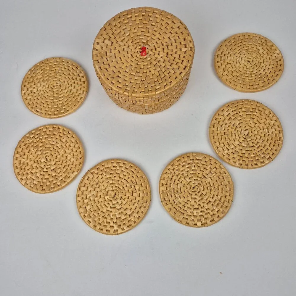 Vintage Wicker Rattan Coaster Set with Lidded Round Basket Case